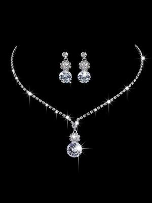 3pcs Women's Zircon Set, Rhinestone Necklace, Earrings, Luxurious Wedding Accessories