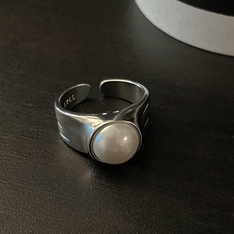 

925 Sterling Silver Geometric Pearl Rings For Women Men Simple Korean Fashion Open Adjustable Handmade Ring Couple Gifts resizable