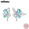 WOSTU 925 Real Silver Dragonfly Stud Earrings Women Hollow Green Crystal Cute Insect Ear Studs Earring Special Birthday Gift