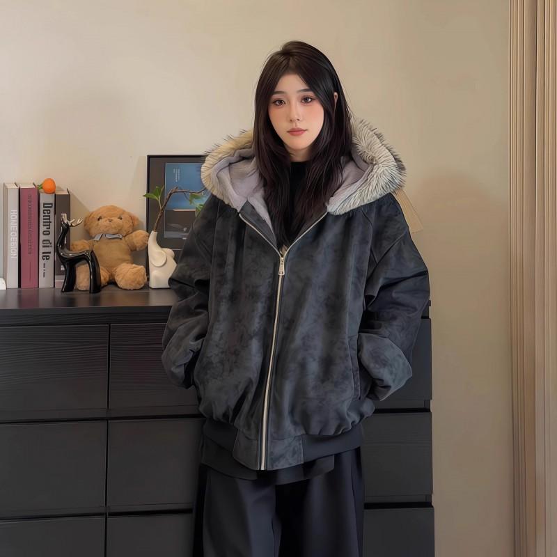 Winter Korean Style Ins Couple Fleece Lined PU Puffer Jacket Hooded Unisex Coat
