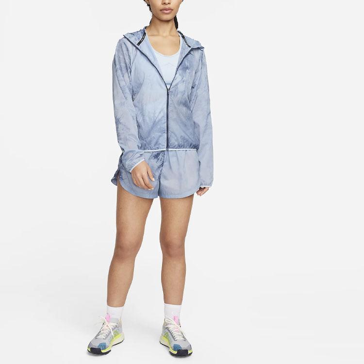 Nike Trail Logo Embroidered Tie-Dye Printed Hooded Casual Jacket Women Jackets Light-Armor-Blue FN6853-440
