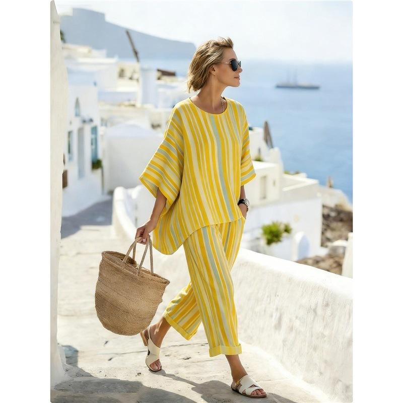 European and American bohemian style women's vacation style retro printing loose new round neck linen casual suit