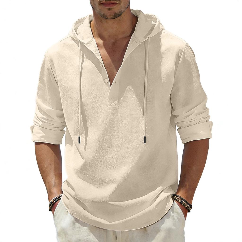 Men's Cotton Linen Hooded Long Sleeve Shirt Lightweight Quick Dry Loose Casual Solid Color Top