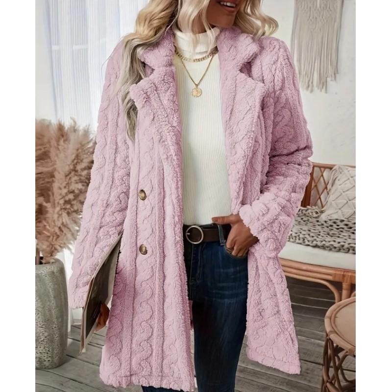 Double Breasted Lapel Teddy Bear Coat, Hundred Long Sleeve Textured Warm Winter Coat, Women's Clothing