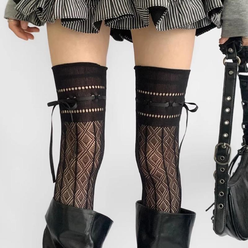 

New Black Fishnet Stockings Women Sexy See Through Hollowed-out Thigh High Socks Punk Uniform JK Bow Tie Strap Knee High Hosiery One Size чорний