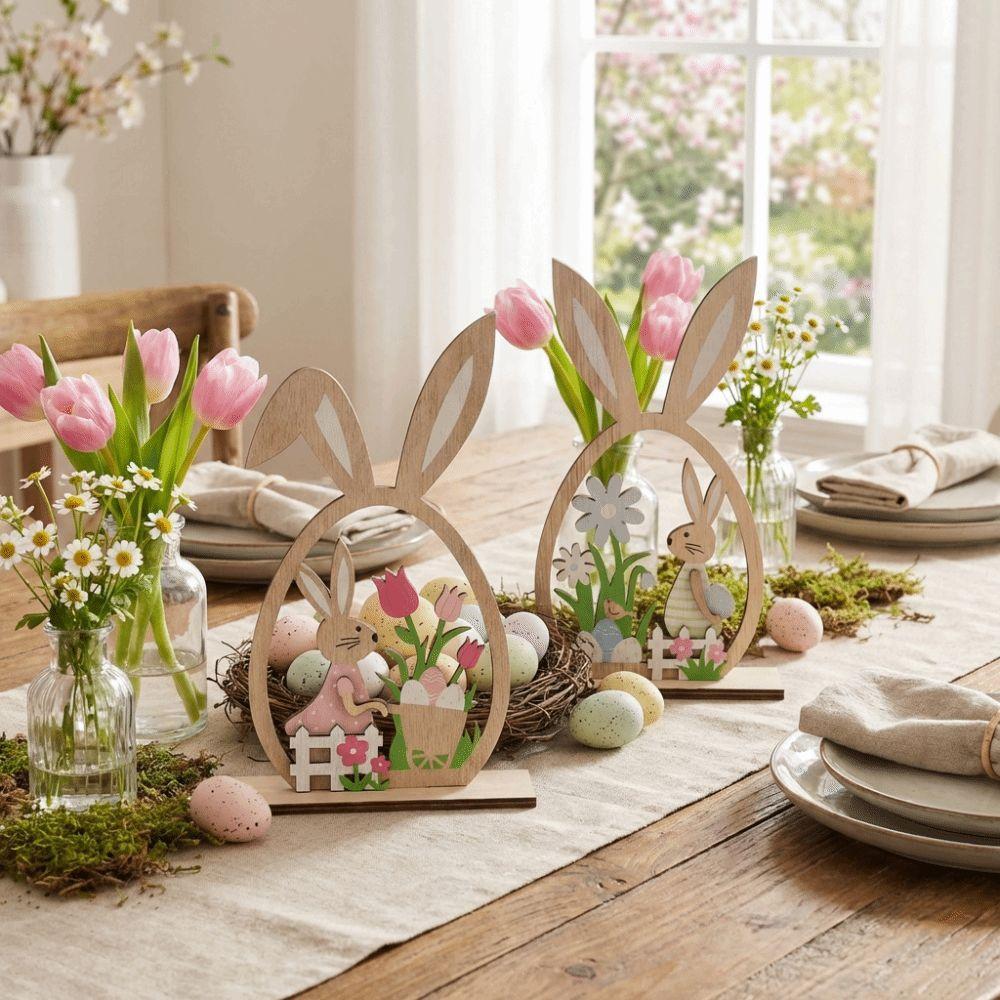 2Pcs Farmhouse Rustic Wooden Easter Rabbit Hand-Painted Easter Table Decor  Spring Festival