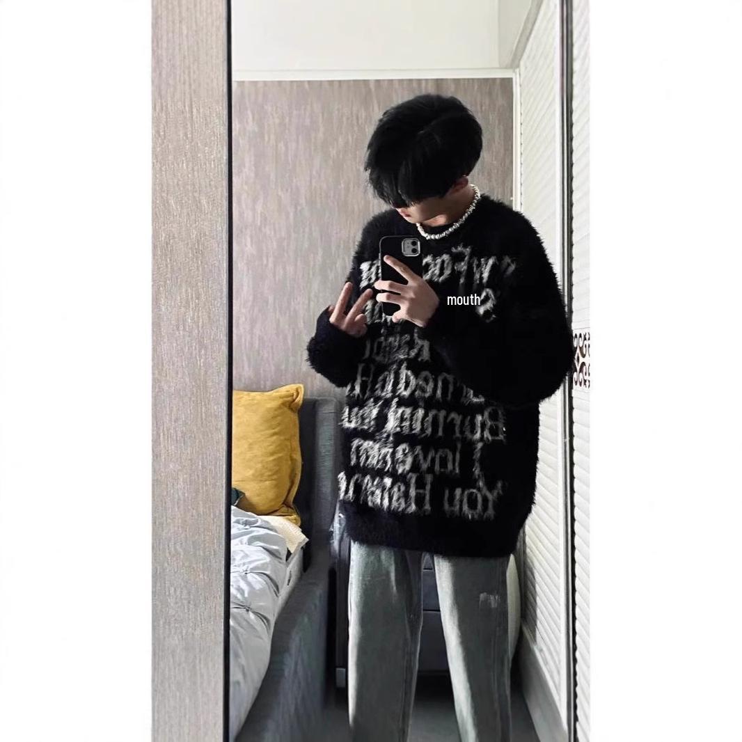 

Men s Oversized Knit Sweater - Cozy, Loose-Fitting Couple Style for Autumn/Winter XL чорний