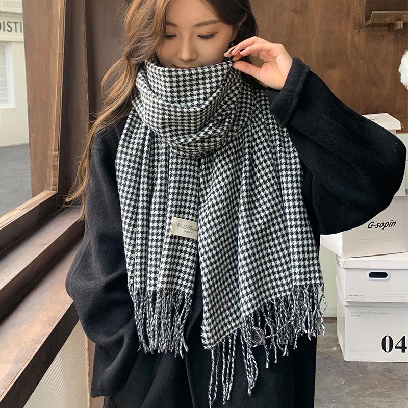 Autumn and Winter New Tassel Thousand Bird Grid Scarf Winter Women's Versatile Scarf Warm Shawl