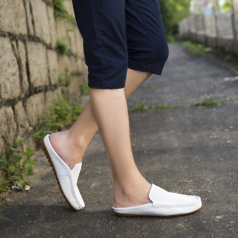 Leather Mules Men Closed-toe Sandals Casual Shoes Summer Man Slides Slip-On Flats Backless Loafers Slippers Half Shoes For Men