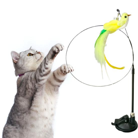 Cat Teaser Wand with Cup Base Bell Suction Long Wand Flexible Bendable Relieve Boredom Simulation Bird Interactive Feather Cat