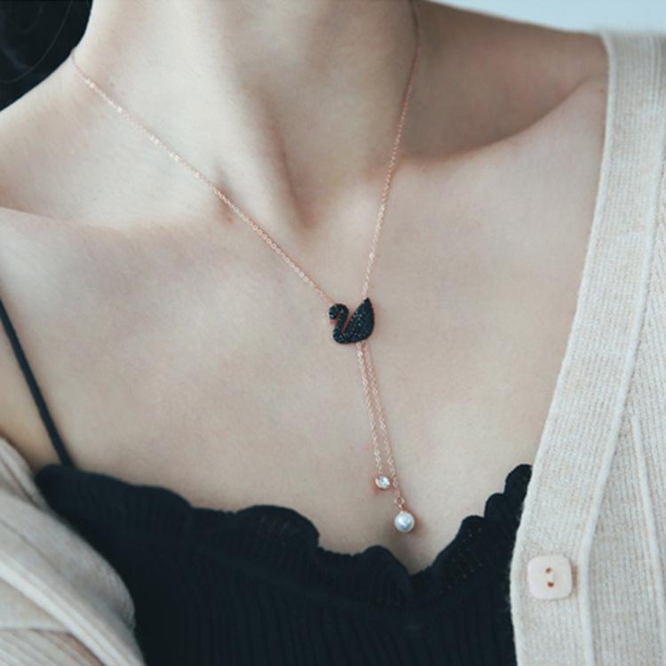 Rose Gold Pearl Crystal Tassel Clavicle Necklace - Japanese Korean Titanium Steel Fashion Jewelry