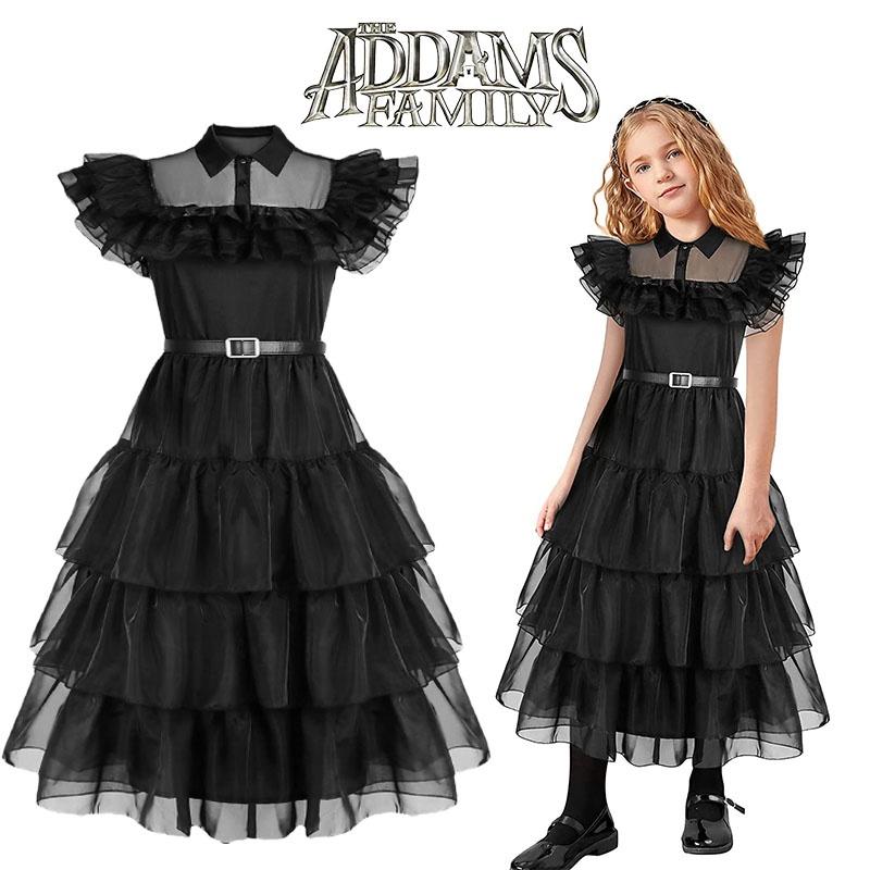 Wednesday Addams Kids Dress Cosplay Costume Party A-shaped Tiered Skirt