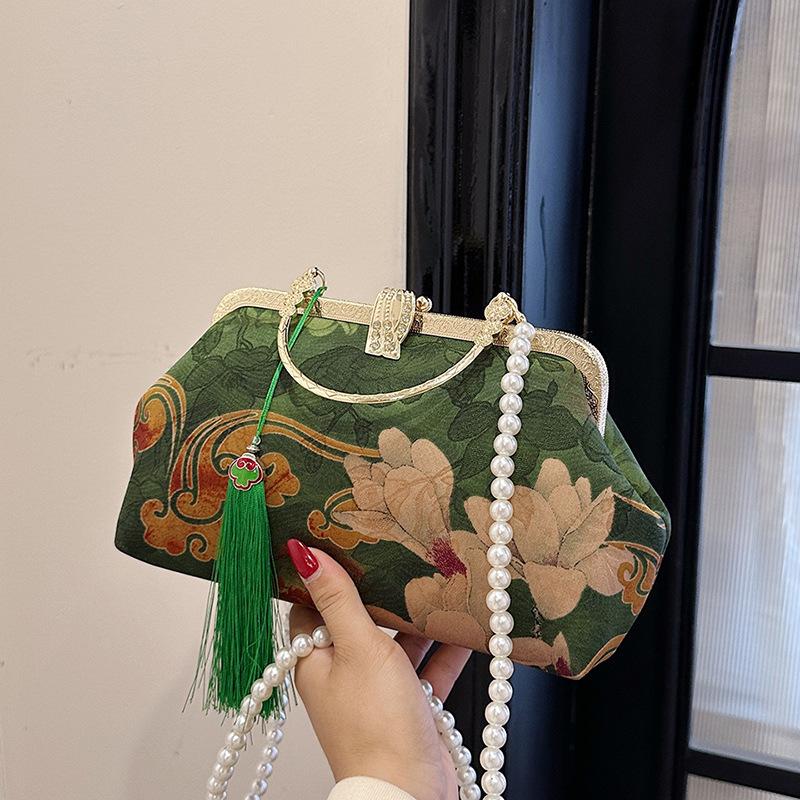 Tradisjonell kinesisk silkehåndveske med perlelås, vintage qipao-design crossbody-veske for bryllup og festivaler