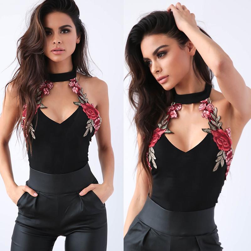 New Sexy Women V Neck Embroidery Bodycon Backless Sleeveless Bandage Bodysuit Jumpsuit Short Romper Tops