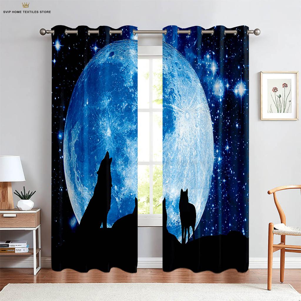 Starry Sky Wolf Animal 3D Printed Curtains, Suitable for Bedroom, Study, Kitchen, Living Room, Decorative, 2 Pieces
