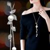 Fashionable Korean Style Leaf Imitation Pearl Tassel Long Sweater Chain Pendant for Women Daily Gift