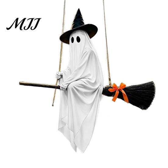 Outdoor Halloween Porch Decor Hanging Ghost Decoration with Witch Hat and Broom, Spooky Flying Wizard Ornament for Haunted House Tree Yard,