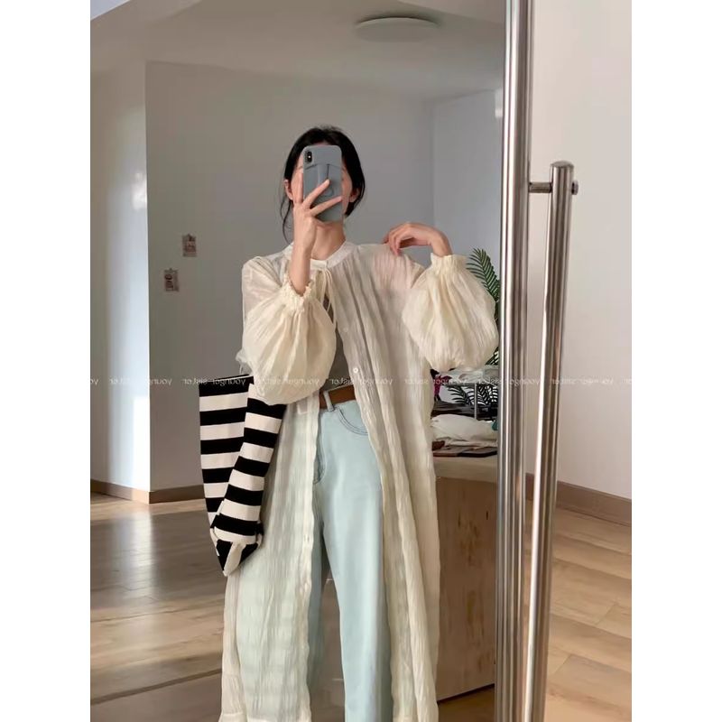 

Летняя одежда Нарядные топы Женские 2025 Новое поступление Средней длины Длинная рубашка-пальто Женский рукав-фонарик Защита от солнца Кардиган Apricot Shirt M