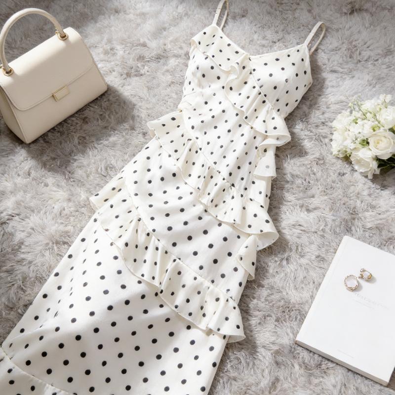 Spring and summer new waist thin pure desire lotus leaf edge thin long skirt French polka dot suspender dress women