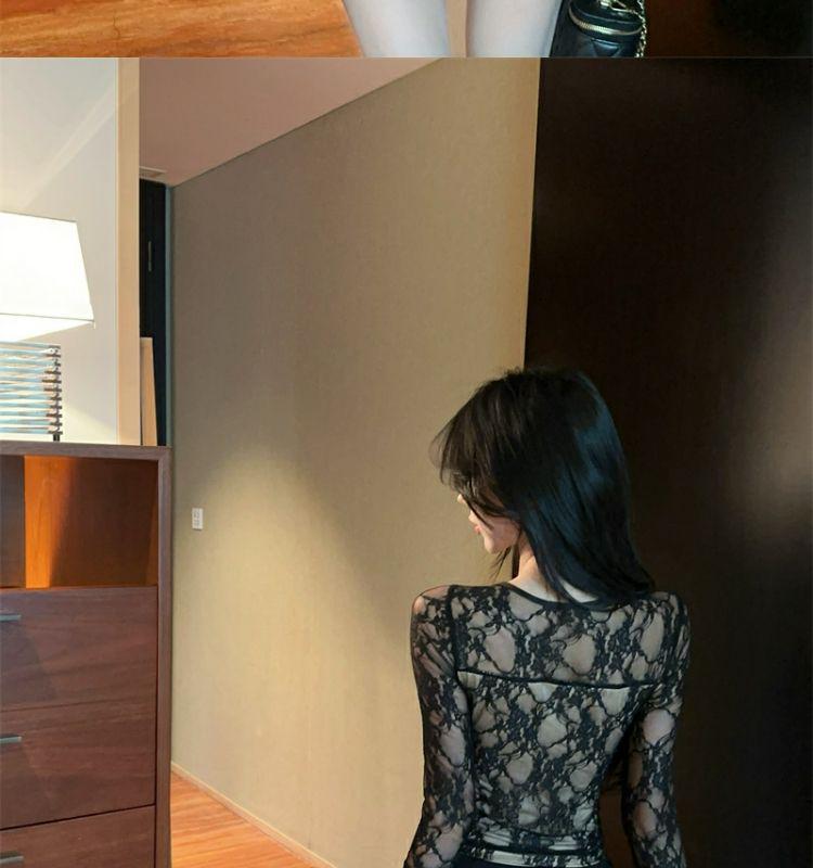 Women's Black Lace Square Neck Long Sleeve Top, Autumn Base Layer, Yù Jiě Style - Sophisticated, Elegant, Tight, Short.