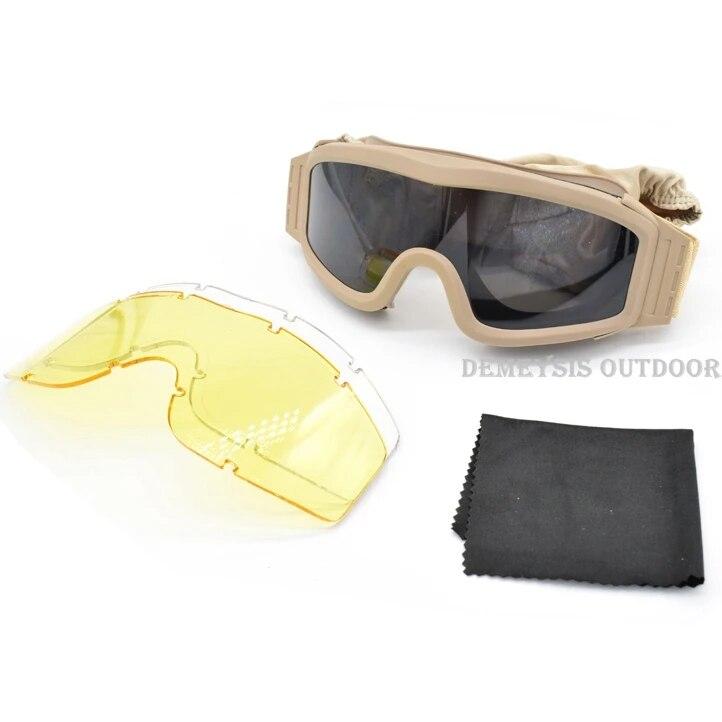 Military Airsoft Tactical Goggles Shooting Glasses Motorcycle Windproof Paintball CS Wargame Hiking 3 Lens Black Tan Green