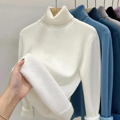 Damski gruby sweter z golfem koreańska, modna podszewka ciepła, dzianinowa koszula z niskim stanem wąskie topy zimowa dzianina luźny pulower