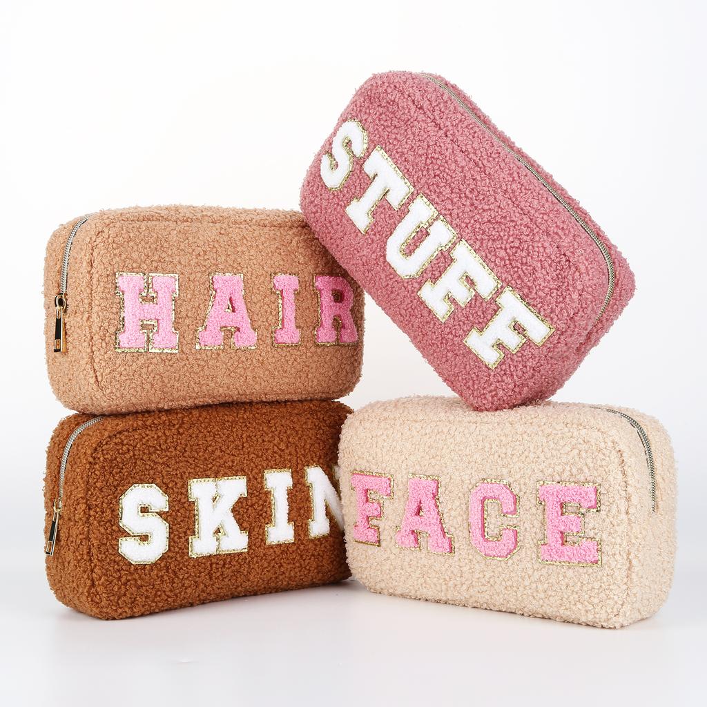 Preppy Makeup Bag Chenille Letter Fluffy Cosmetic Storage Pouch Fuzzy  Travel Toiletry Bag Gift for Women and Girls