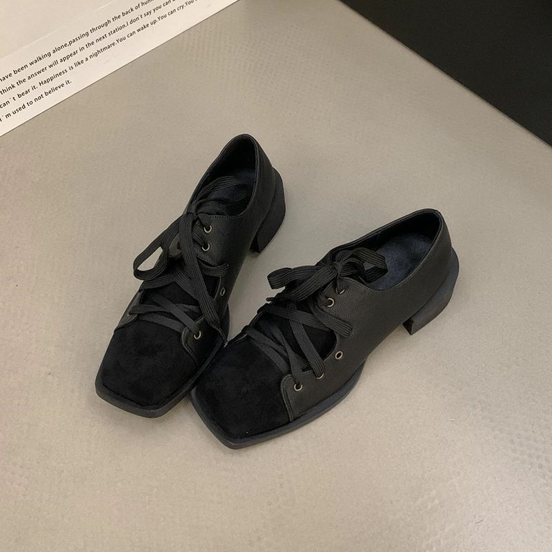Fashion retro British lace-up square head single shoes women's spring 2025 new niche design thick heel Mary Jane shoes