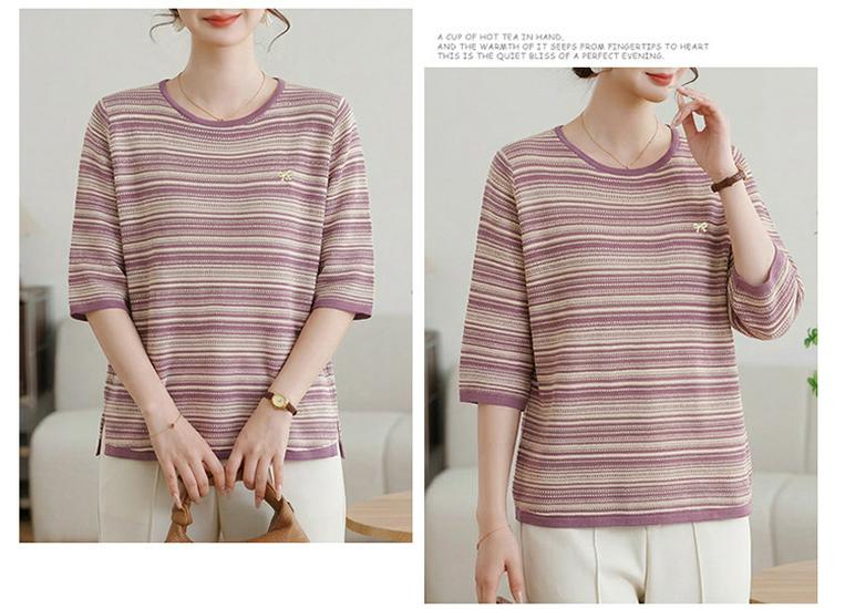 Plus Size Striped Round Neck Maternity T-Shirt for Middle-Aged and Elderly Women - Simple, Comfortable, and Versatile for Commuting.