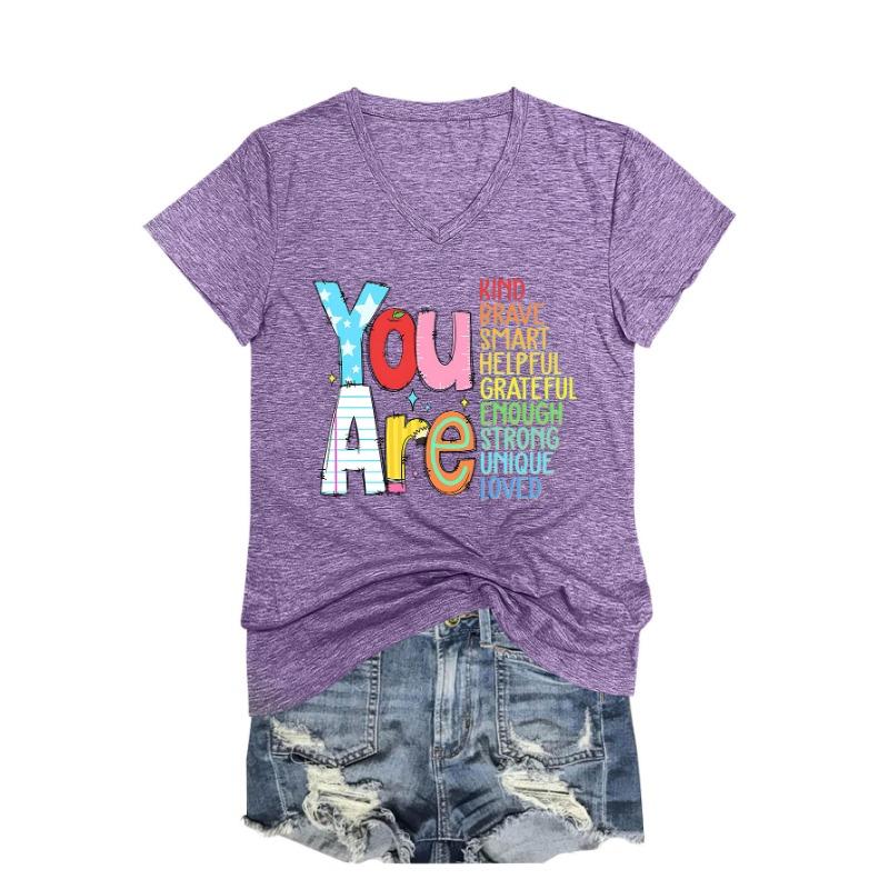 Summer V-neck Inspirational Text Printed Top Fashionable Casual Short Sleeved Women's T-shirts