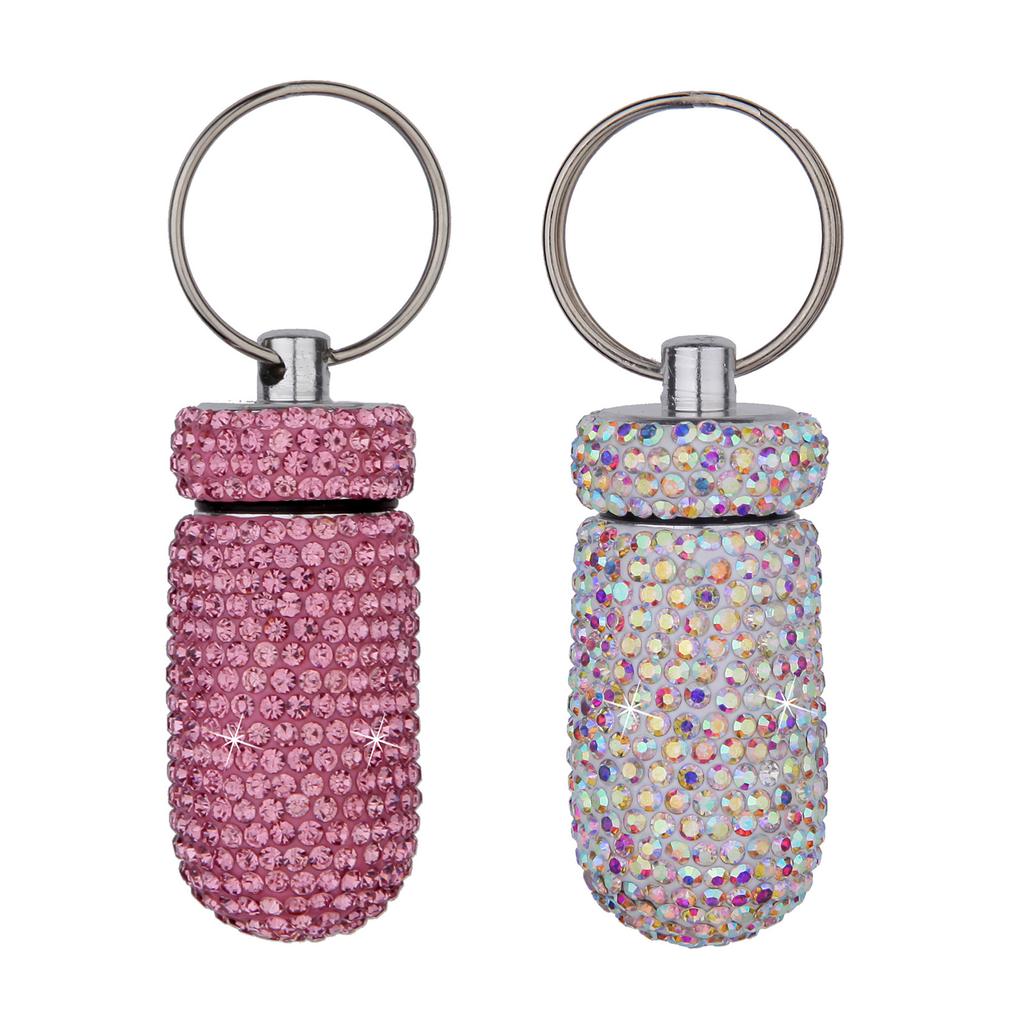 Portable Diamond Pill Case Keychain Glitter Rhinestone Travel Pill Box Metal Tablet Holder for Outdoor Activities