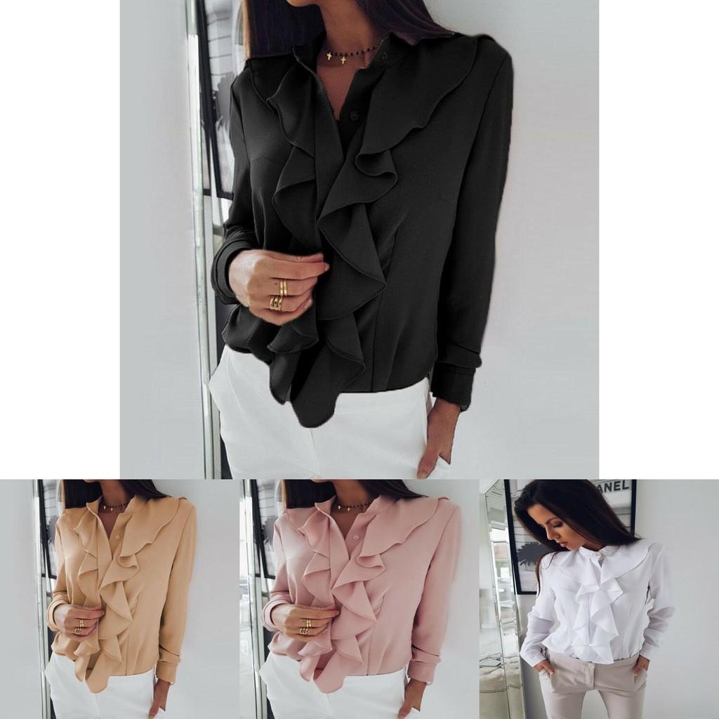 Elegant Womens Ruffle Summer Long Sleeve Solid Plain Blouse Shirt For Office Wear
