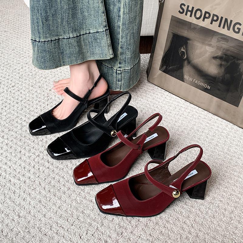 High heels Mary Jane shoes evening shoes single shoes French summer soft sole with skirt square head bag head sandals women's thick heel