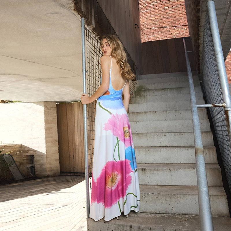 European and American Ins Wind Summer Women's Wholesale Suspender U-neck Sexy Backless Printing Long A-word Vacation Dress