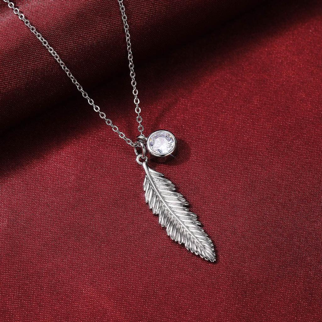 Vintage Feather Pendant Necklace with Sparkling Round Stone Accent Elegant Nature Inspired Jewelry for Women