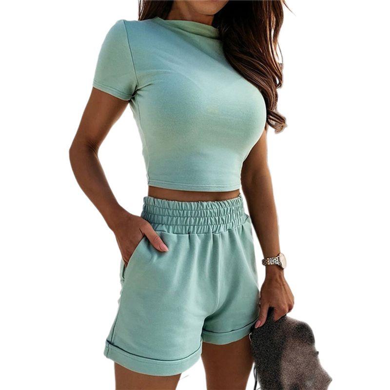 

Casual Short Sleeve High Waist Shorts Suit Casual Short Sleeve Shorts Suit Green S
