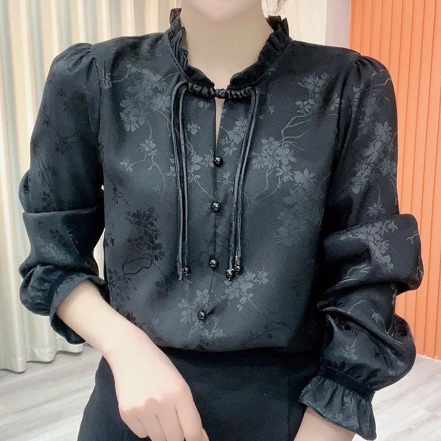 Elegantes Satinhemd mit langen Ärmeln im chinesischen Stil für Damen - Vintage-Bluse