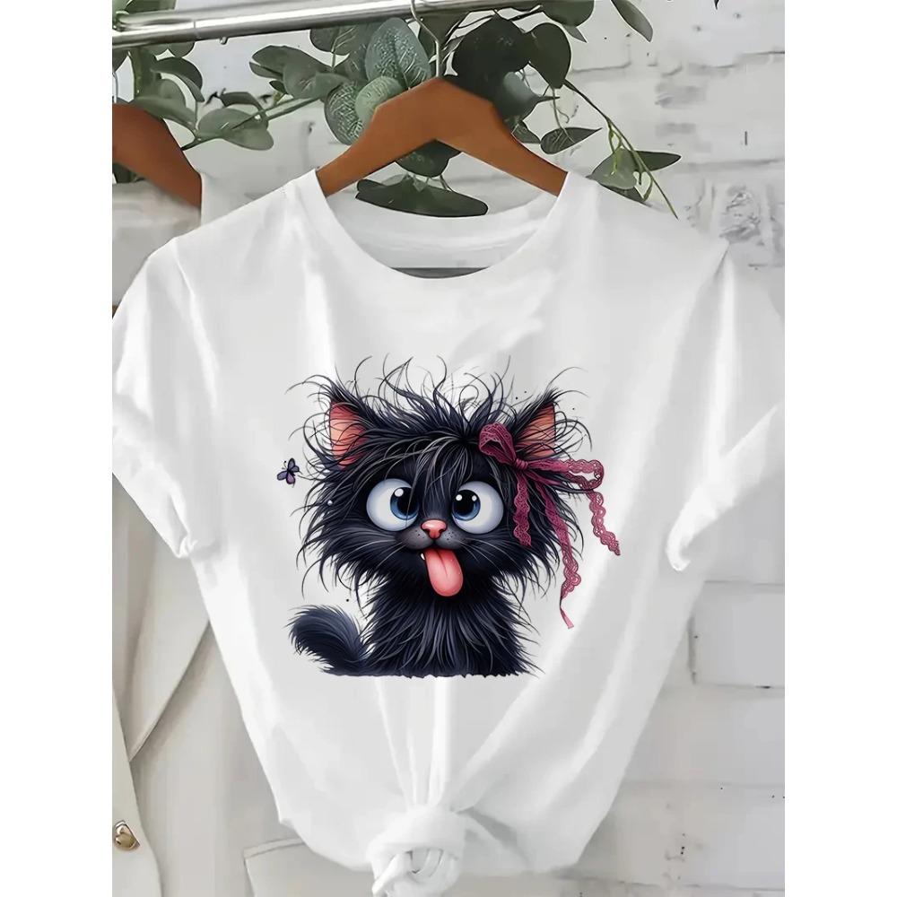 Women's Funny Fried Cat Cartoon T-Shirt with Playful Bow Butterfly Print  Women's Casual  Short Sleeve T Shirt Clothing Top Tee