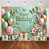 1pc Birthday Celebration Background Banner Teal Background Gold Lettering Decoration with Floral Gift Box Pattern Decoration