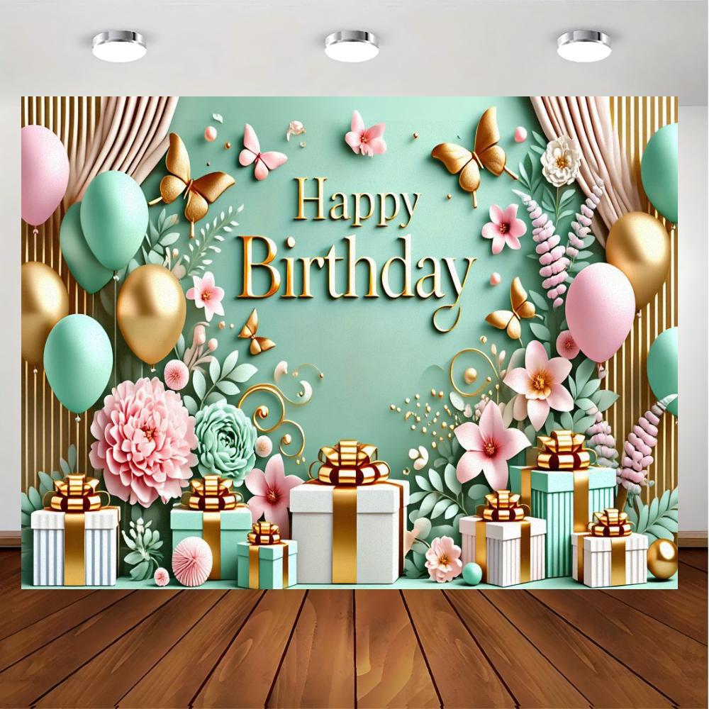 1pc Birthday Celebration Background Banner Teal Background Gold Lettering Decoration with Floral Gift Box Pattern Decoration