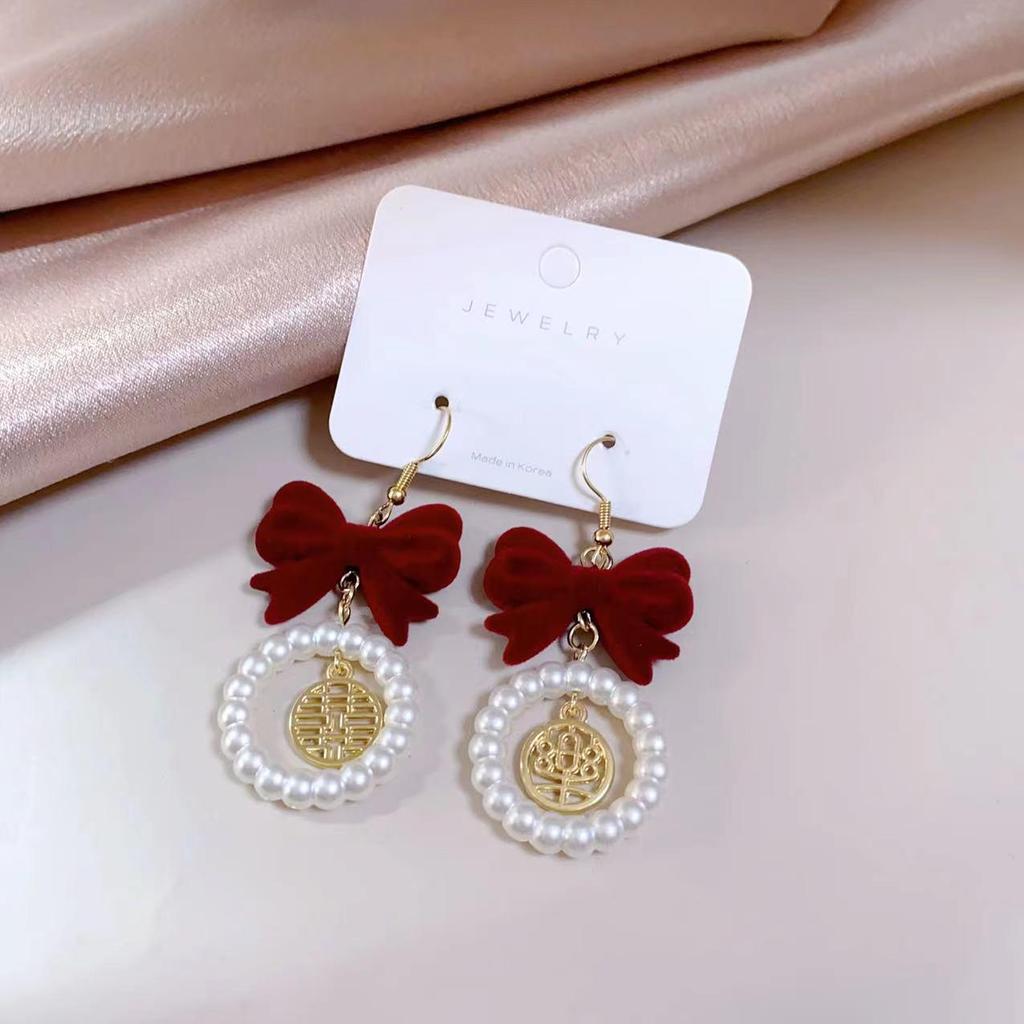 Festive Red Velvet Bow & Pearl Christmas Stud Earrings