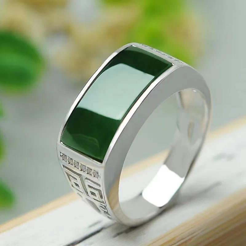 New Real Green Natural Hetian Jade Ring 925 Sterling Silver Ring Couple Rings Men Women Jewelry Lucky Stone Jade Finger Ring
