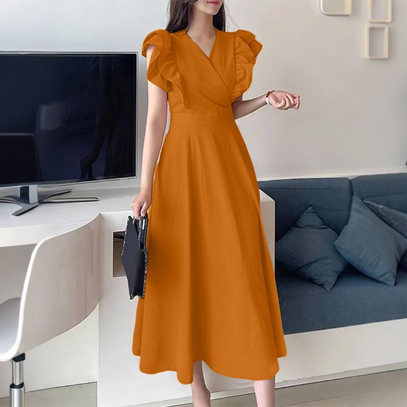 ZANZEA Abito Lungo Estivo da Donna con Scollo a V, Maniche a Volant, Ampio, Casual