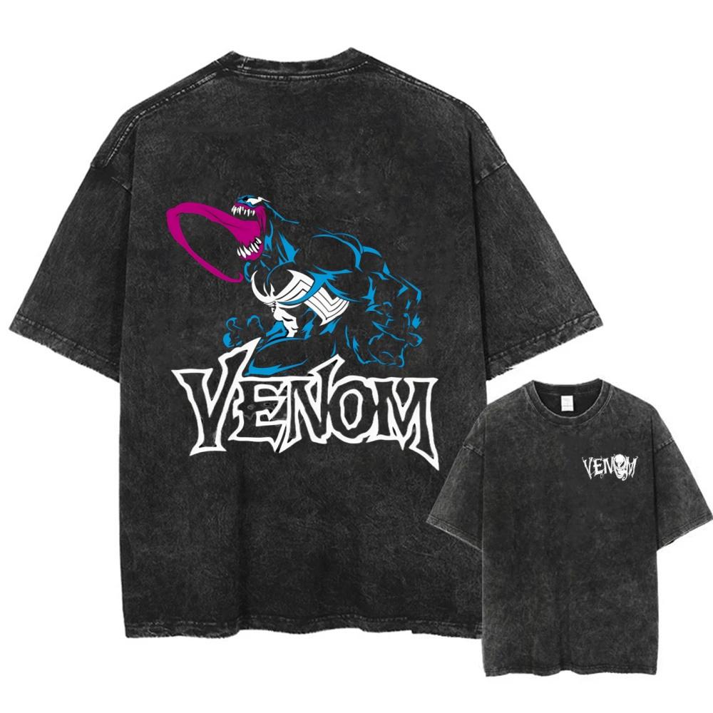 Marvel Venom Geprint T-shirt Trendy Casual Unisex Korte Mouwen Katoen Gewassen Vintage Los T-shirt