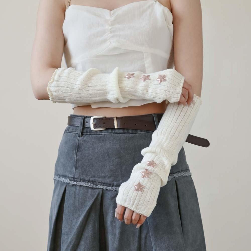 Long Knitted Fingerless Sleeves Solid Color Warmer Long Cuff Y2K Star Arm Cover  Girls