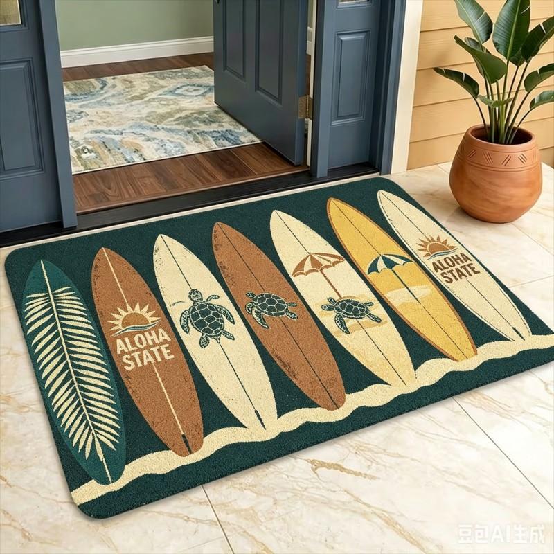 Retro Surfboard Welcome Mat Cute Seahorse Pineapple Decorative Floor Rug Coastal Compass Entryway Doormat For Front Door