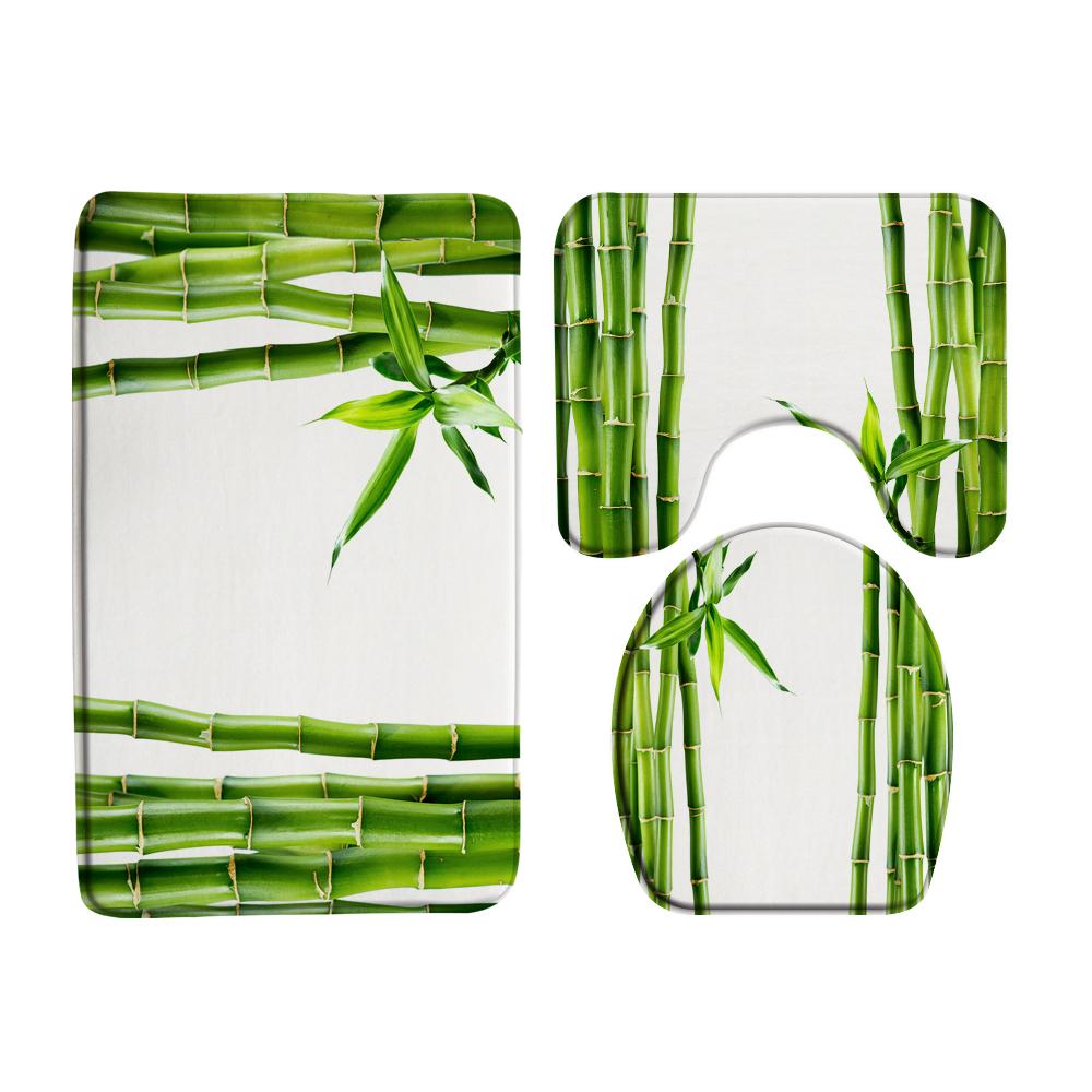 Grüne Pflanzen Bambus Blumen Zen Stein Badezimmervorhang Polyesterstoff Duschvorhänge und Teppiche Toilettendeckel Badematten Set Dekor