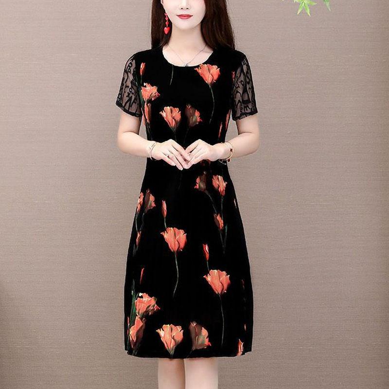 Elegant Floral Printed Midi Dress Summer Short Sleeve Stylish Lace Spliced Slim Women's Clothing A-Line Waist Vintage Dresses