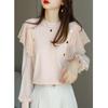 Women's Chic Chiffon Blouse - Autumn 2025 Round Neck, Ruffle Puff Sleeves, Patchwork Design, Small Size, A391.