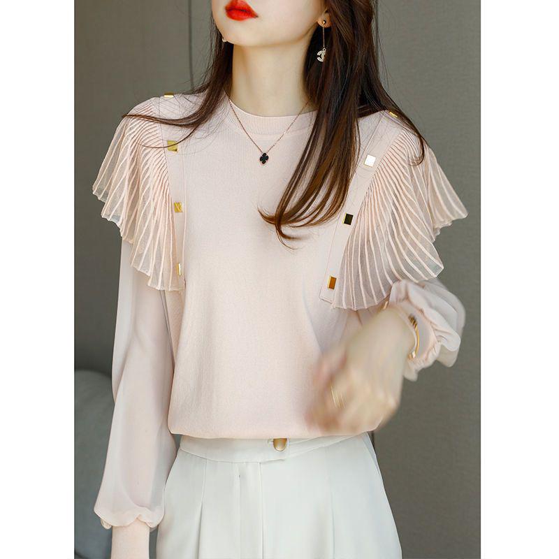 Women's Chic Chiffon Blouse - Autumn 2025 Round Neck, Ruffle Puff Sleeves, Patchwork Design, Small Size, A391.